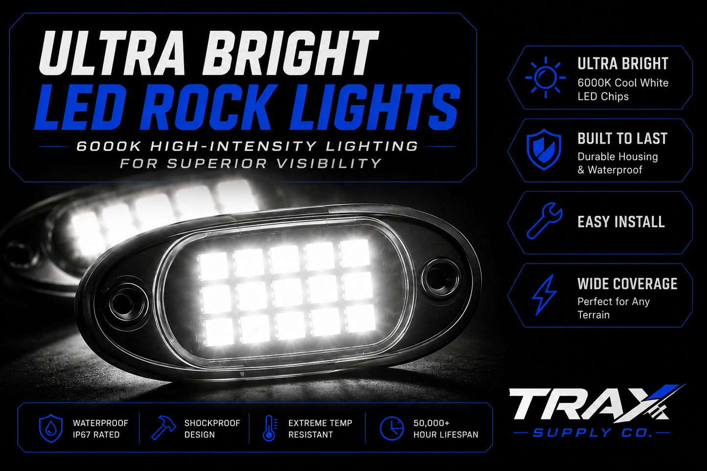 12-Piece Ultra Bright LED Rock Light Kit – IP68 Waterproof – Pure White 6000K